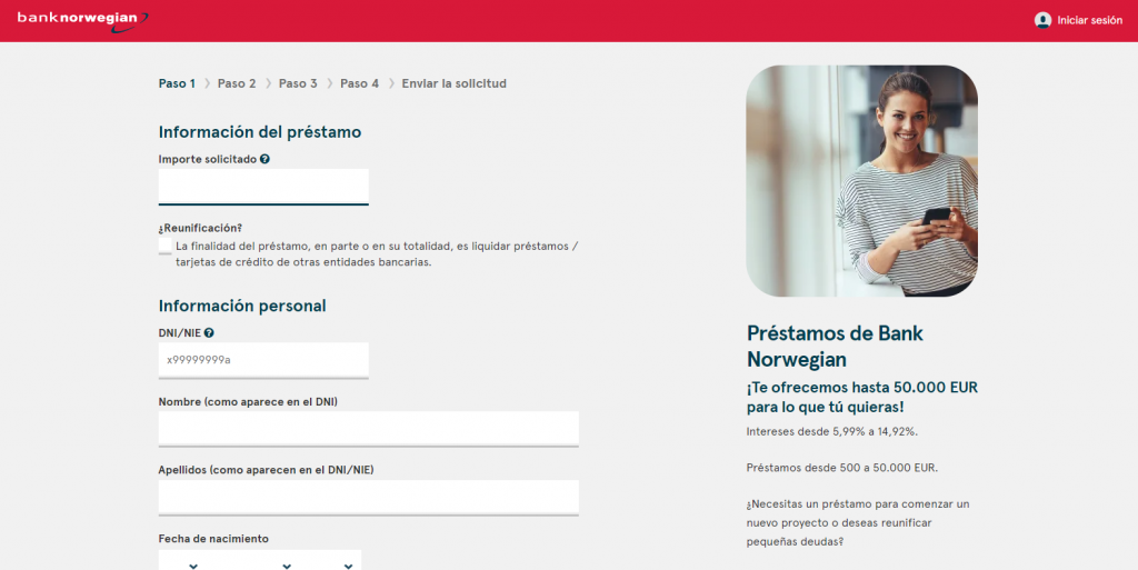 Completa el formulario de solicitud del préstamo Bank Norwegian 