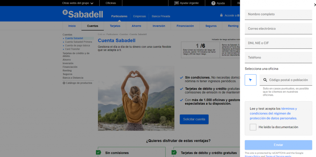 Completa tu información de contacto para obtener tu cuenta Banco Sabadell